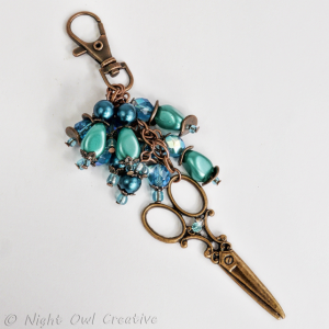 Bag Charm Scissors Antique Copper Crystal and Glass Beaded, Blue, Aqua