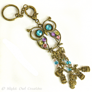 Owl Bag Charm, Purse Clip, Keyring, Bronze, Crystals, Rhinestones