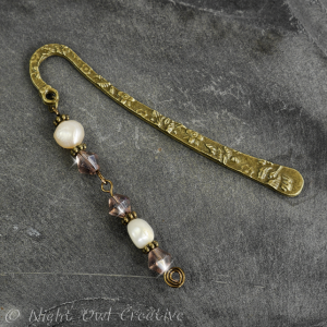 Beaded Bookmark, Freshwater Pearls, Glass, Antique Bronze Finish