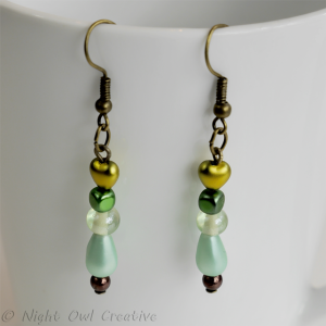 Czech Glass Bead Soup Earrings, Green Mix, Bronze Beading