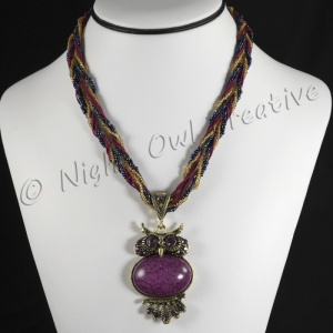 Beaded Rope Necklace with Owl Pendant Purple