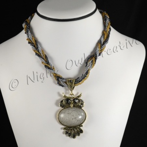 Beaded Rope Necklace with Owl Pendant Silver Grey