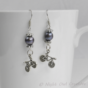 Bicycle Earrings, Freshwater Pearls, Tibetan Silver Bicycle Charm