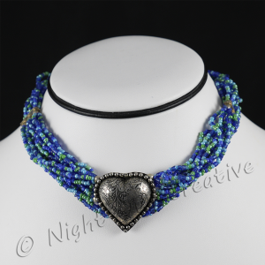 Multi-Strand Beaded Choker - Blue Green with Pewter tone 3D Heart