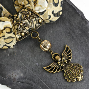Hand-crafted Scarf Ring Pendant, Antique Bronze Angel with Crackle Glass Beading