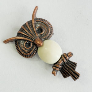 Owl Brooch Pin, Coppertone with Cream