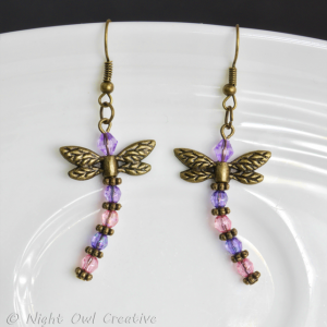 Dragonfly Earrings - Bronze, Lilac and Pink
