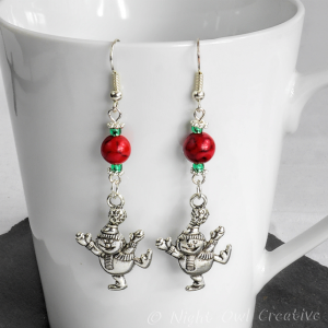 Dangle Earrings Dancing Snowmen Silver, Red Magnesite, Green Glass Beaded