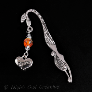 Granny Bookmark - Mermaid - Amber Glass Beaded - Crystals - Antique Silver Tone