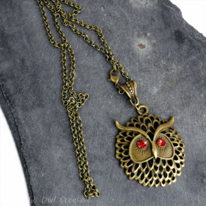 Owl Pendant Necklace Antique Bronze, Austrian Crystal Red Eyes