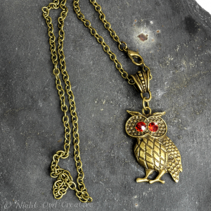 Cute Owl Pendant Necklace Antique Bronze, Austrian Crystal Red Eyes