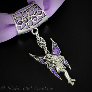 Hand-crafted Scarf Ring, Pendant Slider, Silver Tone Fairy with Purple Wings