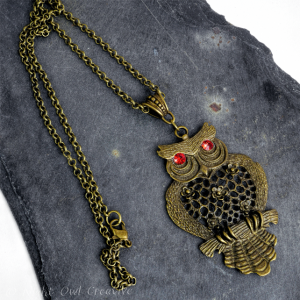 Large Owl Pendant Necklace Antique Bronze, Austrian Crystal Red Eyes
