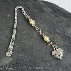 Beaded ''Mother'' Bookmark, Freshwater Pearls, Glass, Antique Silver Finish