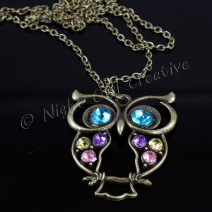 Owl Jewelled Pendant Necklace Antique Bronze