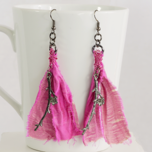 Sari Silk Ribbon Earrings, Pink and Gunmetal, Boho Chic