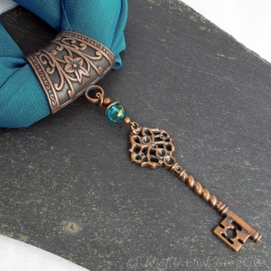 Hand-crafted Scarf Ring, Clip, Antique Copper Key Pendant, Peacock Glass Beaded