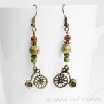 Bicycle Earrings, African Opal Gemstone, Antique Bronze Penny Farthing Charm