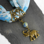 Antique Bronze Hand-crafted Scarf Ring Pendant, Elephant with Blue Mosaic Beading