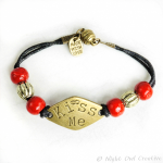 Cord Bracelet Wood Beads, Kiss Me, Red, Black, Magnetic Clasp