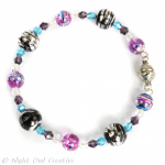 Glass and Crystal Memory Wire Bracelet - Black Fuchsia