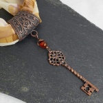 Hand-crafted Scarf Ring, Clip, Antique Copper Key Pendant, Amber Glass Beaded