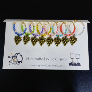 Wine Glass Charms, Drink Marker, Antique Bronze Grapes, Beaded, Set of 8 Colours